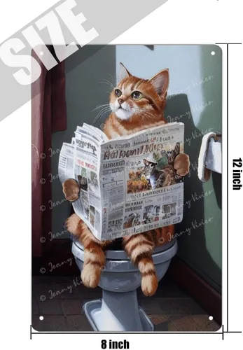 Vista 5 de Zomyto Tabby Cat Reading The Newspaper On WC, divertido decoración de baño, arte de pared, retro, letrero de metal con animales para baño