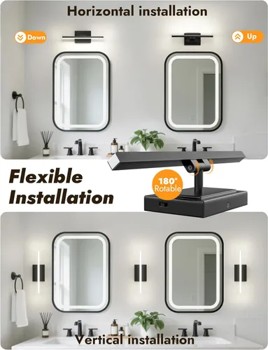 Vista 2 de NIORSUN Lámpara de baño moderna de 15.7 pulgadas, 12 W, 5 CCT, regulable, luces LED negras sobre el espejo, luces de tocador para baño, espejo