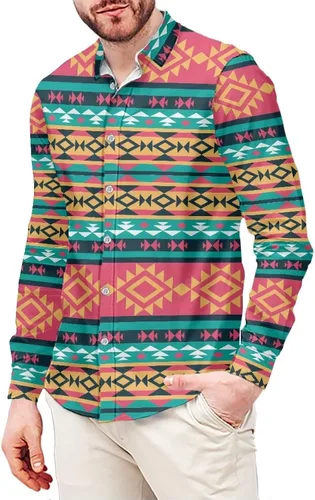 Vista 10 de Camisas aztecas con botones para hombre, vintage, nativo americano, patrón tribal nación, manga larga, camisa de talla grande para hombre