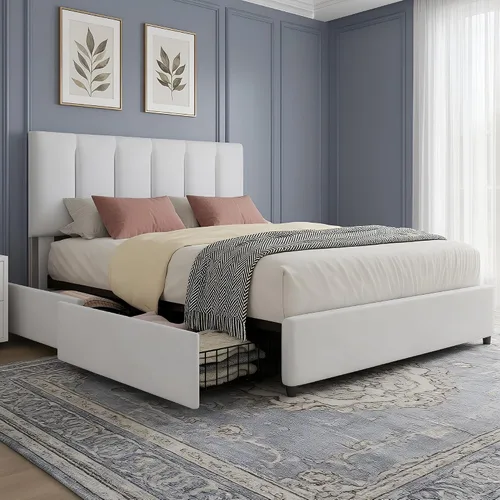 Vista 34 de VECELO Base de cama tamaño King con cabecera tapizada, color beige