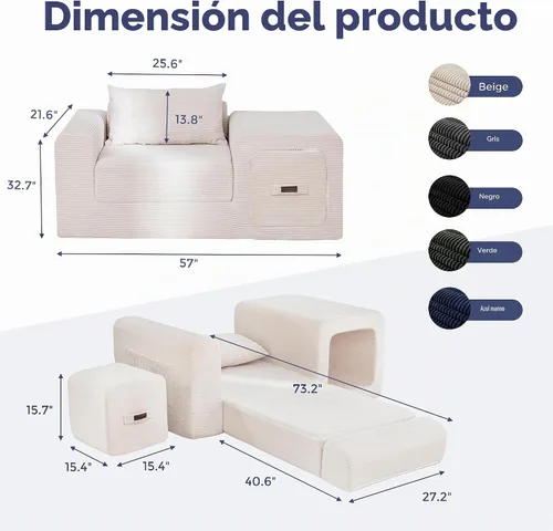 Vista 3 de MAXYOYO Sofá plegable, sofá convertible con reposabrazos, sofá multifuncional con almohada y bolsillos, sofá deshuesado para sala de estar