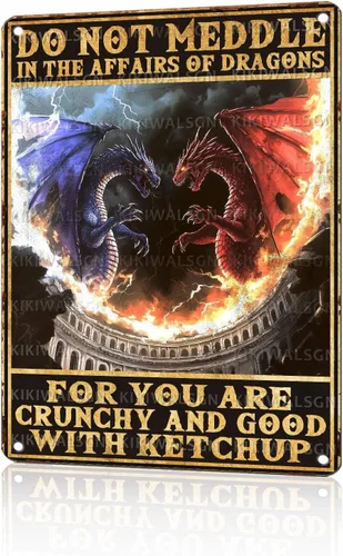 Vista 11 de Letreros metálicos para decoración de pared con diseño de dragón, con texto en inglés "Do Not Meddle in the Affairs of Dragons", divertido póster