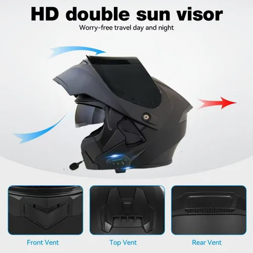 Vista 5 de Casco modular Bluetooth para motocicleta, aprobado por DOT, de cara completa con visor abatible, de doble visera, con altavoces duales y micrófono