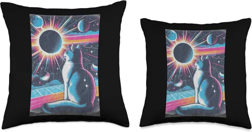 Vista 3 de Cat Solar Eclipse - Synthwave Retro Poster Style Throw Pillow