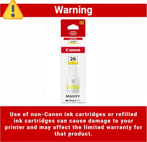 Vista 3 de Canon GI-26 Botella de tinta amarilla de pigmento genuino, compatible con impresoras MegaTank GX7120, GX6120, GX5120, GX6020, GX7020, GX6021