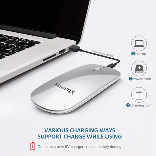 Vista 13 de FENIFOX mini mouse Bluetooth, mouse óptico móvil portable ultrafino con batería recargable para PC, Mac, laptop, tablet Android, Negro