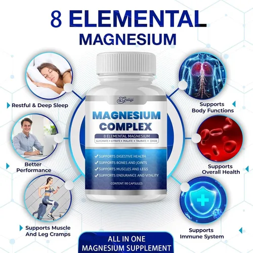 Vista 2 de Complejo de magnesio 8 Suplemento elemental de magnesio 1000 mg, glicinato de magnesio, apoyo para dormir, músculo, huesos, calambres y energía