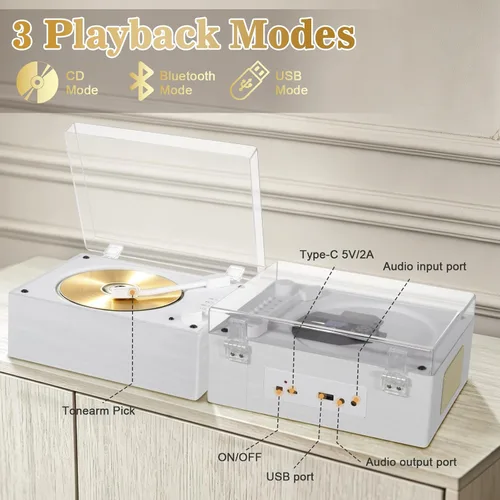 Vista 5 de CD Player with Bluetooth 5.3, Wood Grain CD Player for Home, Retro Desktop Music Player, Dual HI-FI Speakers with Remote Control
