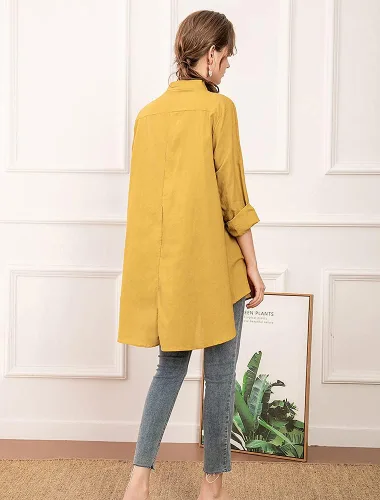 Vista 7 de Minibee Camisa de lino de algodón para mujer, blusa bordada de manga larga con botones