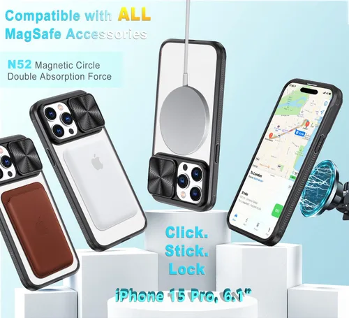 Vista 5 de Funda MagSafe transparente de titanio compatible con iPhone 15 Pro con cubierta deslizante para cámara, imanes fuertes, antiamarilleo, a prueba
