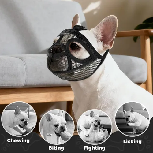 Vista 6 de Bozal de bulldog francés, bozal corto de malla suave con apertura de la boca y agujeros agrandados para los ojos, permite jadear, beber y alimentar