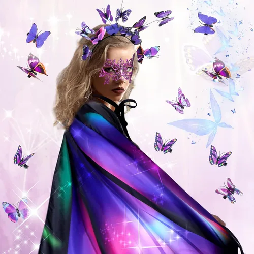 Vista 7 de Janmercy 12 piezas de disfraz de alas de mariposa de Halloween para mujeres adultas, incluye mariposa, chal de hada, aretes, diadema, 8 pinzas