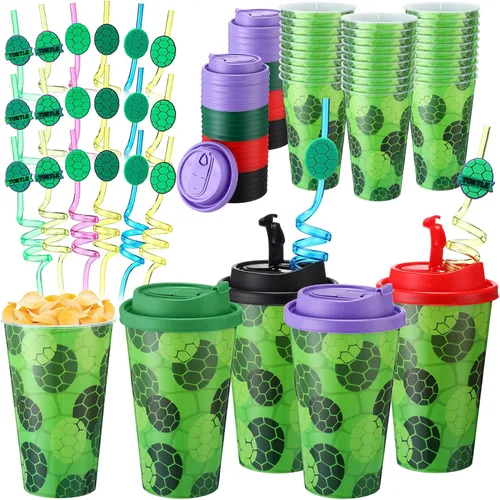 Vista 35 de Yungyan 16 juegos de tazas de golosinas con tapas y pajitas para decoraciones de cumpleaños, reutilizables, 16 onzas, vasos de plástico para dulces