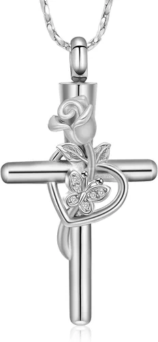 Vista 8 de Imrsanl Collar de urna de cruz de mariposa rosa para cenizas, joyería de cremación, colgante para hombres y mujeres, joyería conmemorativa