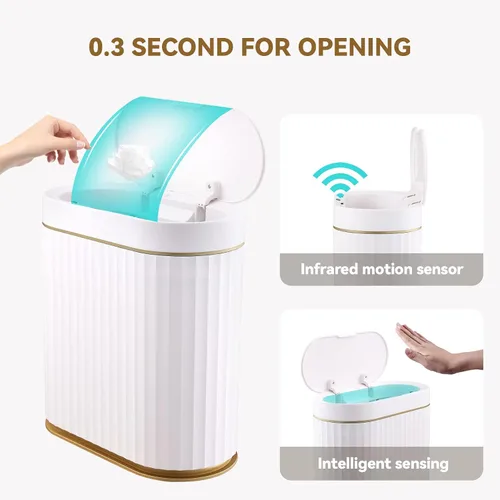 Vista 4 de ELPHECO Basurero de baño con tapa de 2.5 galones impermeable con sensor de movimiento, papelera automática para decoración de baño para dormitorio