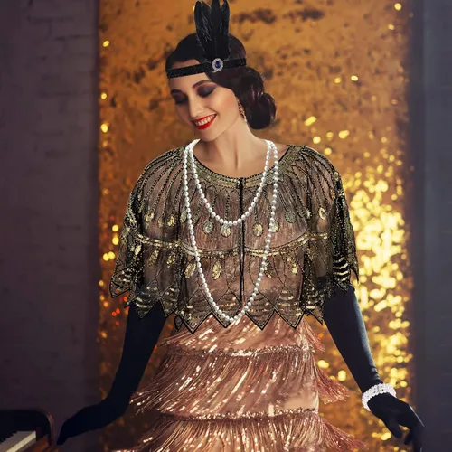 Vista 5 de PLULON 8 Pcs 1920s Flapper Accessories Set for Women, Great Gatsby Dresses Sequin Shawl Wraps Roaring 20s Dresses for Party
