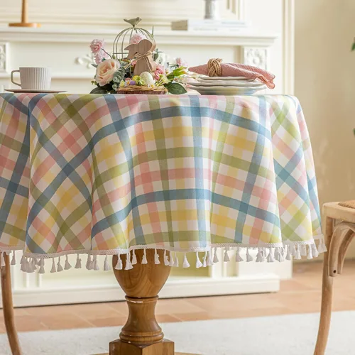 Vista 8 de JIALE - Mantel cuadrado de lino de algodón de cuadros Gingham con borlas, lavable, sin arrugas, mantel a cuadros de búfalo para fiesta al aire Beige