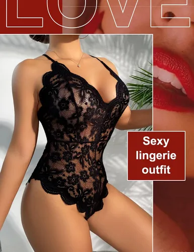 Vista 6 de Avidlove - Body de encaje sexy, lencería de una pieza para mujer, con escote en V profundo