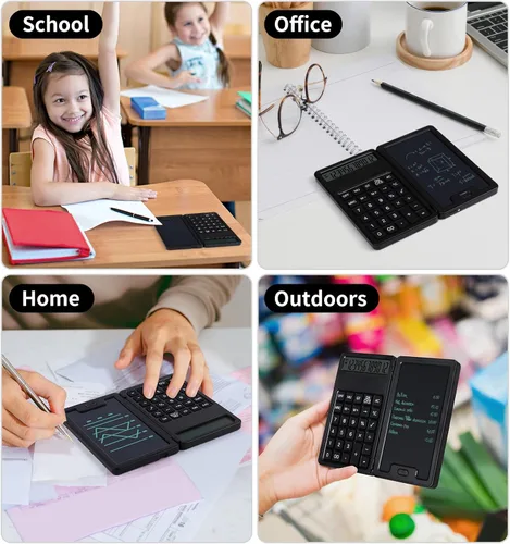 Vista 7 de Calculadora básica portátil de escritorio, mini calculadoras pequeñas con bloc de notas de escritura y lápiz capacitivo, más ligera y portátil, Negro