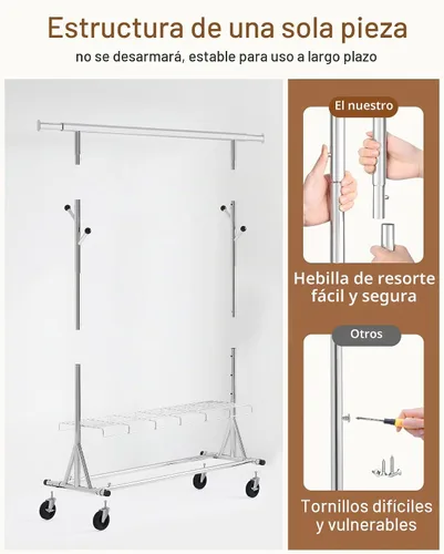 Vista 3 de Hoctieon Perchero de montaje de 1 minuto, 480 libras, percheros de ropa rodantes resistentes con ruedas, perchero plegable para ropa, barra Plata