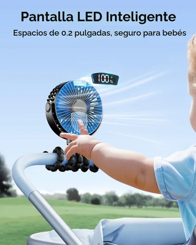 Vista 3 de SWEETFULL Ventilador portátil de cochecito de 4000 mAh con pantalla LED, mini ventilador recargable de 4 velocidades, trípode flexible giratorio