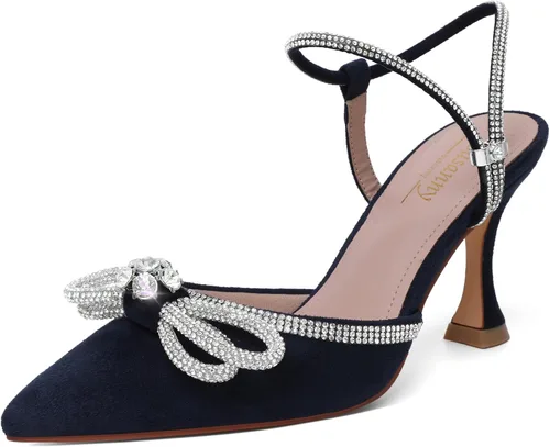 Vista 19 de Susanny - Zapatos de tacón bajo con strass para mujer, con punta puntiaguda, de tacón kitten, con cierre, ajustables, con correa, para vestido