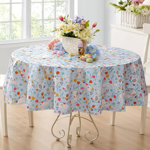 Vista 12 de Newbridge Blue Easter Cotton Tail Bunny Party 52 x 52 inch Square Vinyl Tablecloth with Flannel Backing, Bunny Rabbit, Easter Eggs and Floral Design