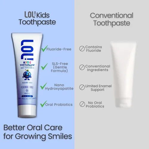 Vista 4 de LOL - Pasta de dientes para niños, sin flúor, pasta de dientes nano hidroxiapatita, probióticos, pasta dental de xilitol para niños