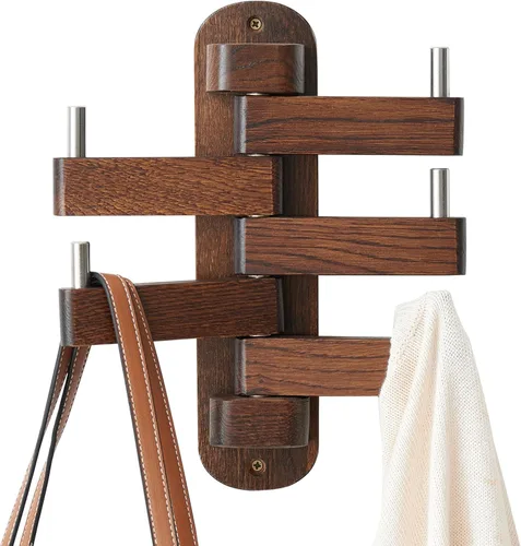 Vista 8 de Perchero giratorio de roble con ganchos para abrigos, ganchos de pared de madera con 5 brazos plegables giratorios, perchero de pared de 30 cm