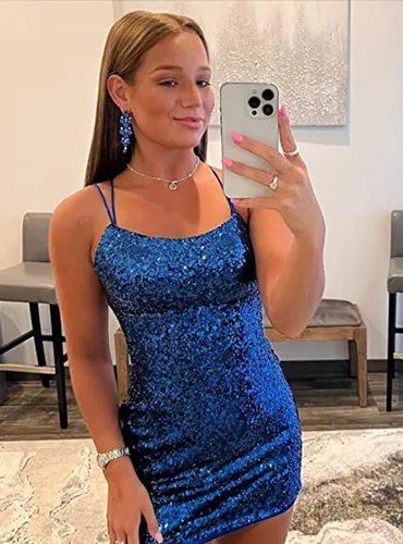 Vista 5 de Vestidos cortos de lentejuelas para adolescentes con tirantes delgados brillantes, vestido de graduación, sin espalda, mini vestidos de cóctel