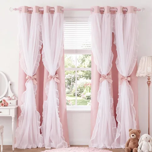 Vista 29 de PONY DANCE 100% Blackout Beige Curtains for Bedroom, Double Layer Room Darkening Drapes with White Ruffle Sheer Overlay, Boho Living Room Decor