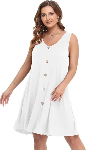 Vista 2 de BELAROI Vestidos de verano para mujer, camiseta de playa, cuello en V, casual, con vuelo, sin mangas, vestido de traje de baño, con bolsillos