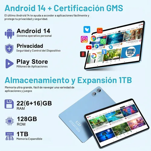 Vista 3 de 2025 Tablet Android 14 de 10 pulgadas con 22 GB RAM 128 GB ROM 1 TB de expansión, tablets con teclado ratón, Octa-Core, batería de 8000 mAh, Azul