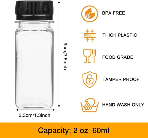 Vista 3 de SUPERLELE 20 botellas de plástico de 2 onzas con tapas, botellas de jengibre reutilizables, transparentes, a granel, para jugo, leche y otras bebidas