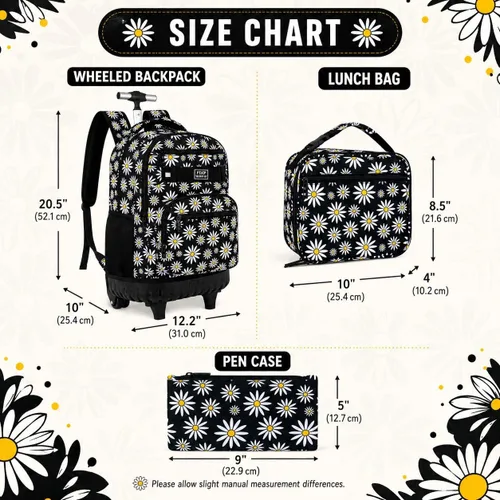 Vista 4 de Mochila con ruedas para mujeres, niñas, mochila escolar Crisantemo Negro