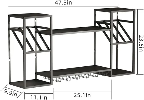 Vista 2 de KaKaBB Estante de vino montado en la pared, estantes de metal de 47 pulgadas de 2 niveles con soporte para vidrio, capacidad para 30 botellas y de 6