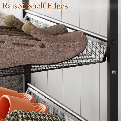 Vista 6 de Garden 4 you Zapatero estrecho de 3 niveles para armario, zapatero pequeño con mesa de madera marrón, estante de zapatos de metal ajustable