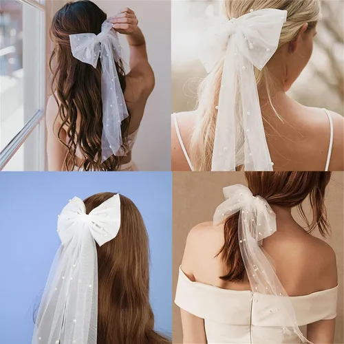Vista 7 de Clip de velo de velo para novia, horquillas de velo con pinzas para el cabello con lazo de malla de perlas (negro)