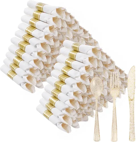 Vista 14 de Goodluck 100 Pack Pre Rolled Gold Plastic Silverware, Wrapped Cutlery