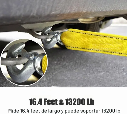 Vista 4 de Correa de remolque de servicio pesado con ganchos de seguridad 2" x 16.4' Capacidad de 13200 LB, cuerda de remolque con grillete amarillo