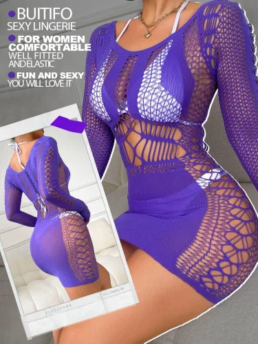 Vista 2 de Buitifo Lencería sexy para mujer, minivestido de red de una pieza, babydoll Púrpura