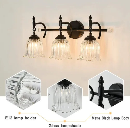 Vista 4 de CVKASH Accesorios de Lámpara de Tocador de Baño de 3 Luces Sobre Espejo, Lámpara de Tocador Moderna Negra con Pantalla de Vidrio, Aplique de Pared