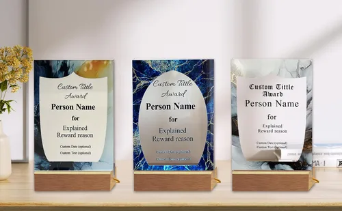 Vista 7 de Tina&Co Premio de trofeo personalizado, placa de premio personalizable, placa de premio personalizada, 6 tipos de fondos de mármol, 5 formas