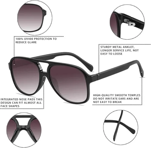 Vista 6 de YDAOWKN Lentes de sol estilo aviador retro para mujer y hombre, marco grande, clásicos de los años 70, lentes de sol estilo aviador