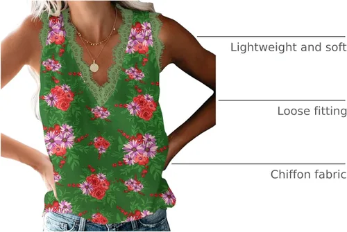 Vista 10 de VIISHOW - Camiseta sin mangas, sexy, con cuello en V y bordes de encaje para mujer, camisola de vestir, camisas de gasa, sin mangas, casuales