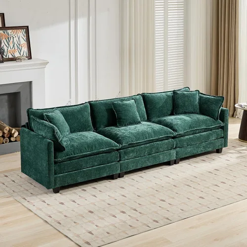 Vista 192 de Sofá seccional modular verde de 111.5", sofás seccionales grandes de 3 plazas para sala de estar, sofá nube oversized de tela chenille con otomana