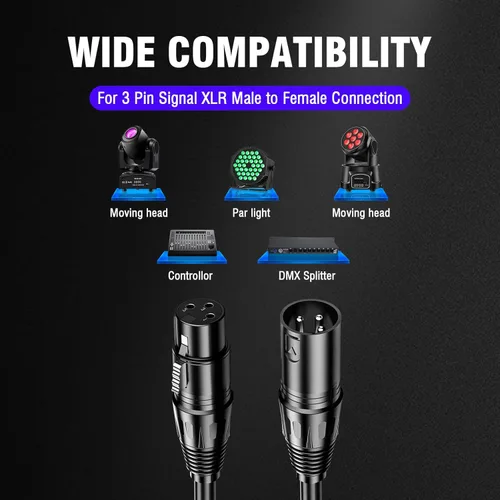 Vista 6 de Cable DMX de 100 pies, paquete de 2 cables flexibles de señal XLR de 3 pines macho a hembra, adecuado para señal de iluminación de escenario, cables