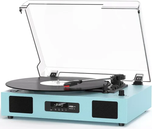 Vista 14 de Tocadiscos de vinilo Bluetooth con dos altavoces incorporados, grabación USB, transmisión por correa, 3 velocidades, tocadiscos para discos