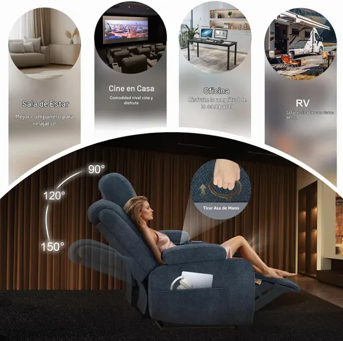Vista 8 de Sofá reclinable de 3 plazas, sofá reclinable con consola elevable (tela, azul) Reclining Sofa with USB Removable Armrest, RV Sofa with Cup Holder