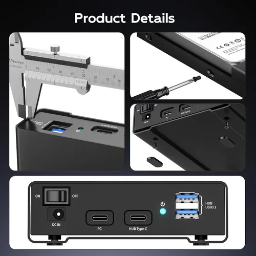Vista 8 de MAIWO Caja de Carcasa Externa para Disco Duro SATA de 2.5 3.5 Pulgadas SSD HDD, USB C 3.1 GEN2 de 10Gbps Lector de Disco Duro con UASP, Capacidad